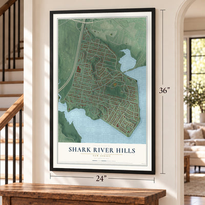 Shark River Hills, New Jersey map, 24 x 36 inch print in a black frame by a staircase