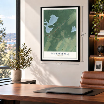 Sheppards Mill, New Jersey map, 18 x 24 inch print in a black frame in a home office
