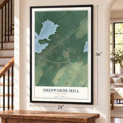 Sheppards Mill, New Jersey map, 24 x 36 inch print in a black frame by a staircase