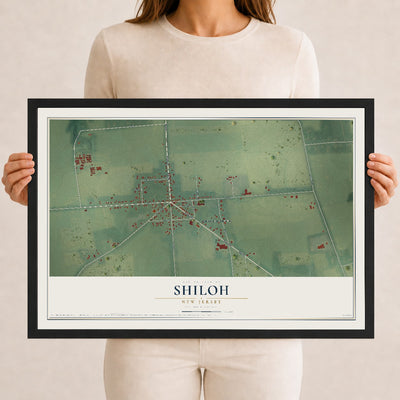 Shiloh, New Jersey map print, 12" x 18" W/ Black Ayous Wood Frame mockup