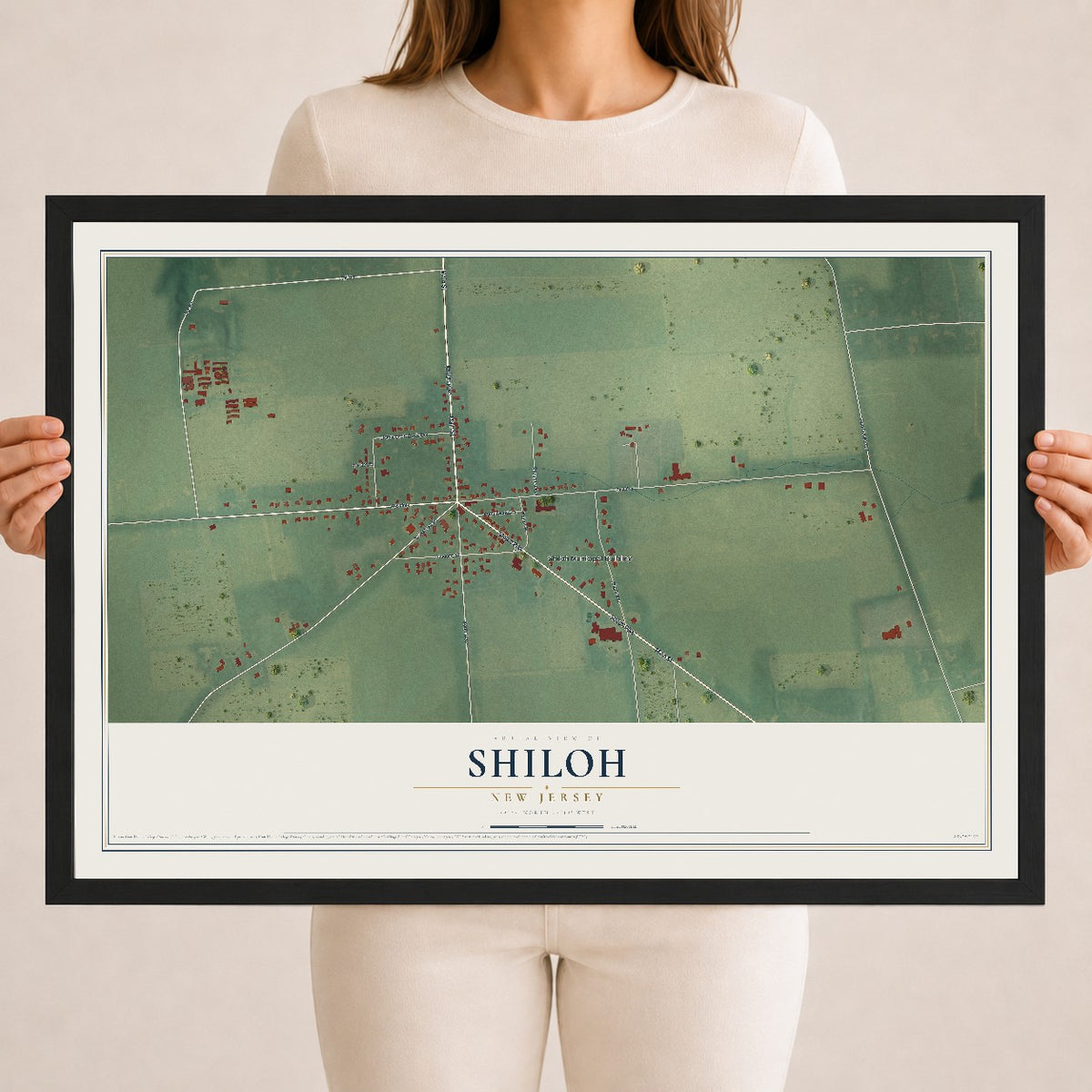 Shiloh, New Jersey map print, 18" x 24" W/ Black Ayous Wood Frame mockup