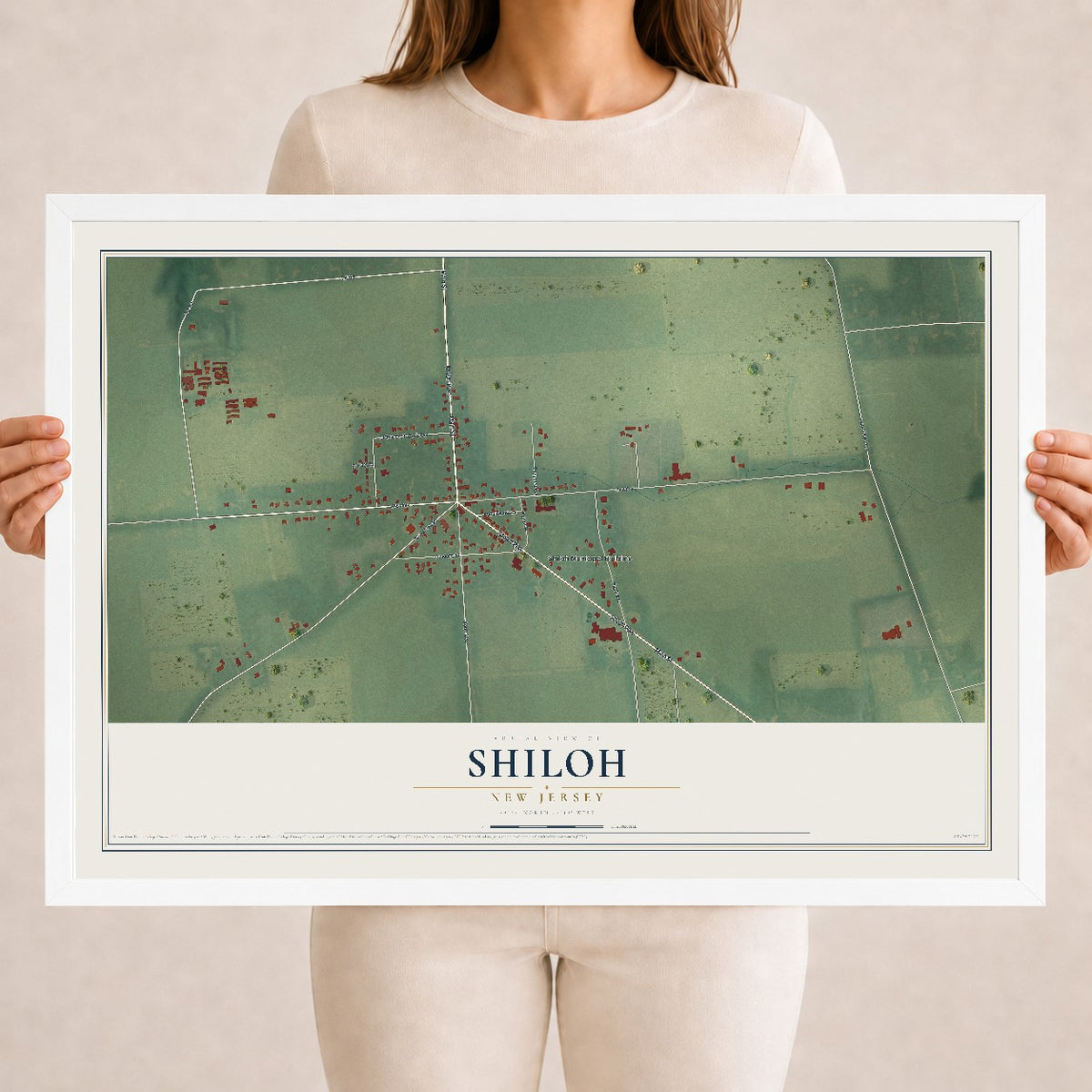 Shiloh, New Jersey map print, 18" x 24" W/ White Ayous Wood Frame mockup