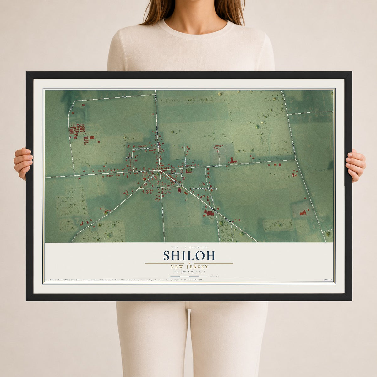 Shiloh, New Jersey map print, 24" x 36" W/ Black Ayous Wood Frame mockup