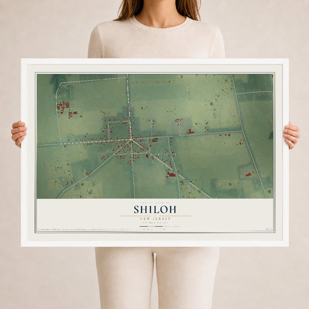 Shiloh, New Jersey map print, 24" x 36" W/ White Ayous Wood Frame mockup