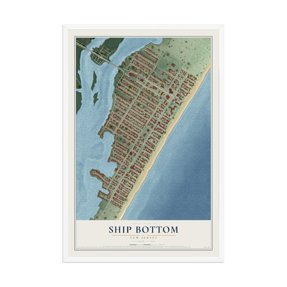 Ship Bottom, New Jersey map print, 12" x 18" W/ White Ayous Wood Frame mockup