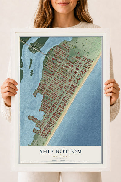 Ship Bottom, New Jersey map print, 18" x 24" W/ White Ayous Wood Frame mockup
