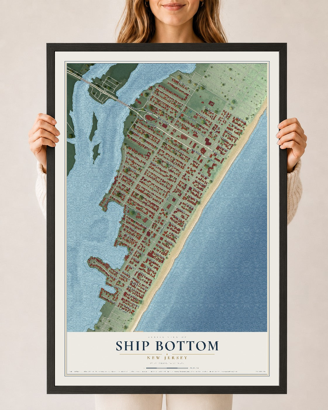 Ship Bottom, New Jersey map print, 24" x 36" W/ Black Ayous Wood Frame mockup