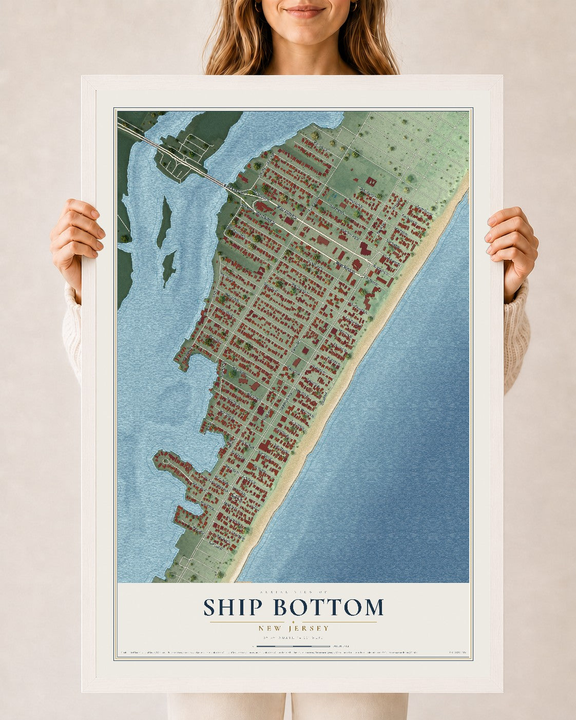 Ship Bottom, New Jersey map print, 24" x 36" W/ White Ayous Wood Frame mockup