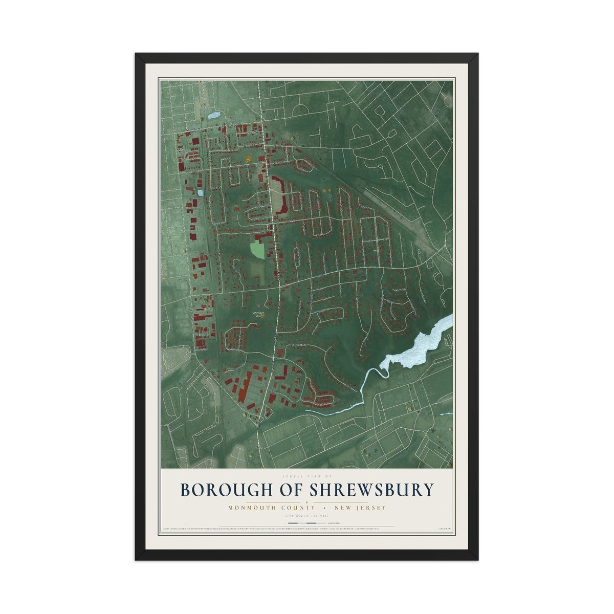Borough of Shrewsbury, New Jersey map print, 12" x 18" W/ Black Ayous Wood Frame mockup