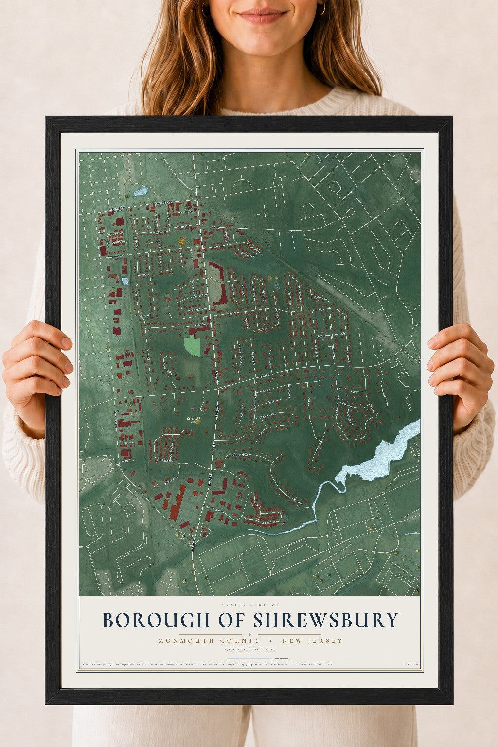 Borough of Shrewsbury, New Jersey map print, 18" x 24" W/ Black Ayous Wood Frame mockup