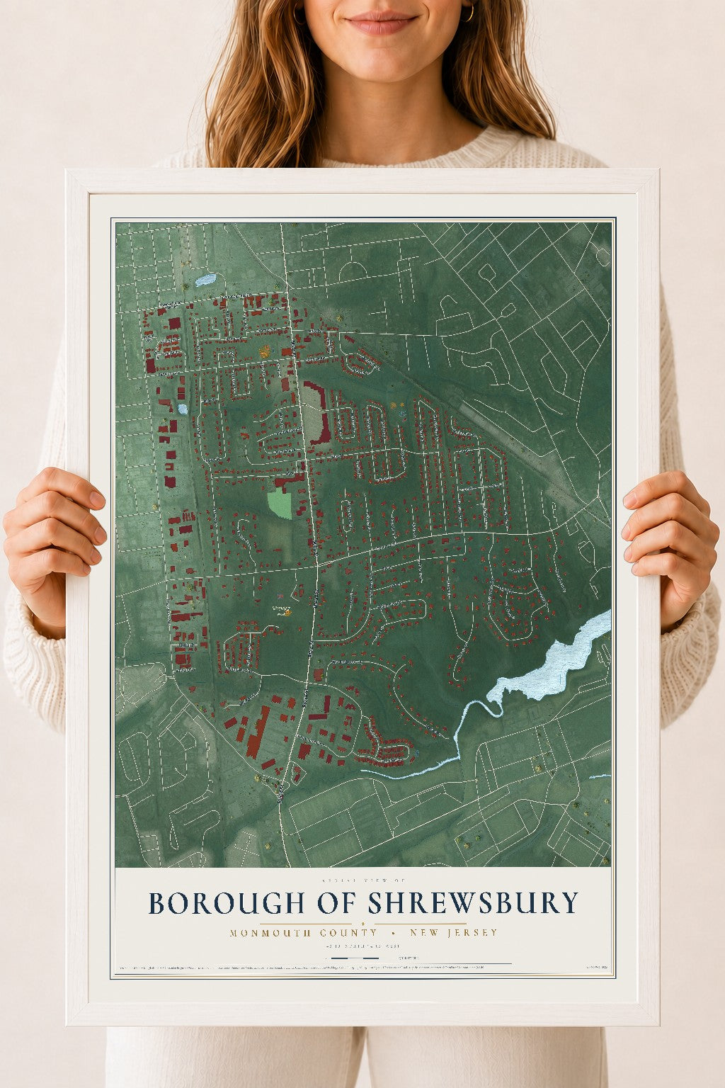 Borough of Shrewsbury, New Jersey map print, 18" x 24" W/ White Ayous Wood Frame mockup