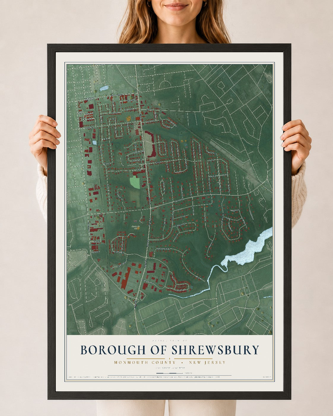Borough of Shrewsbury, New Jersey map print, 24" x 36" W/ Black Ayous Wood Frame mockup