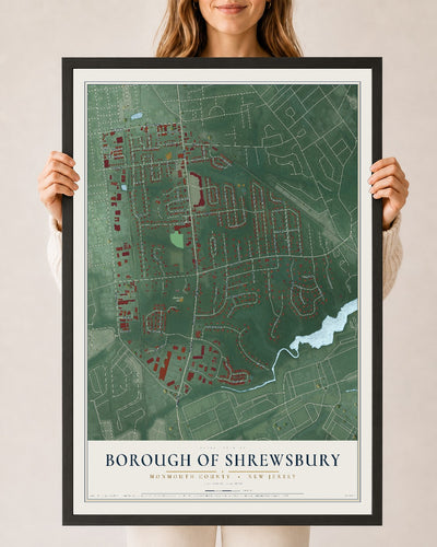 Borough of Shrewsbury, New Jersey map print, 24" x 36" W/ Black Ayous Wood Frame mockup