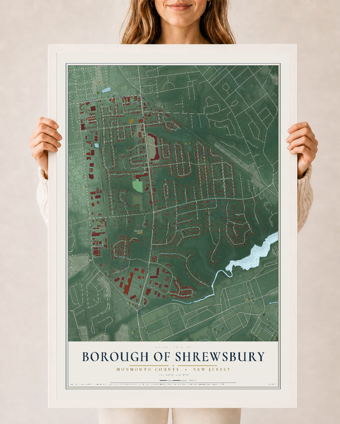 Borough of Shrewsbury, New Jersey map print, 24" x 36" W/ White Ayous Wood Frame mockup