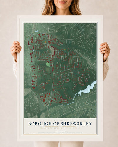 Borough of Shrewsbury, New Jersey map print, 24" x 36" W/ White Ayous Wood Frame mockup