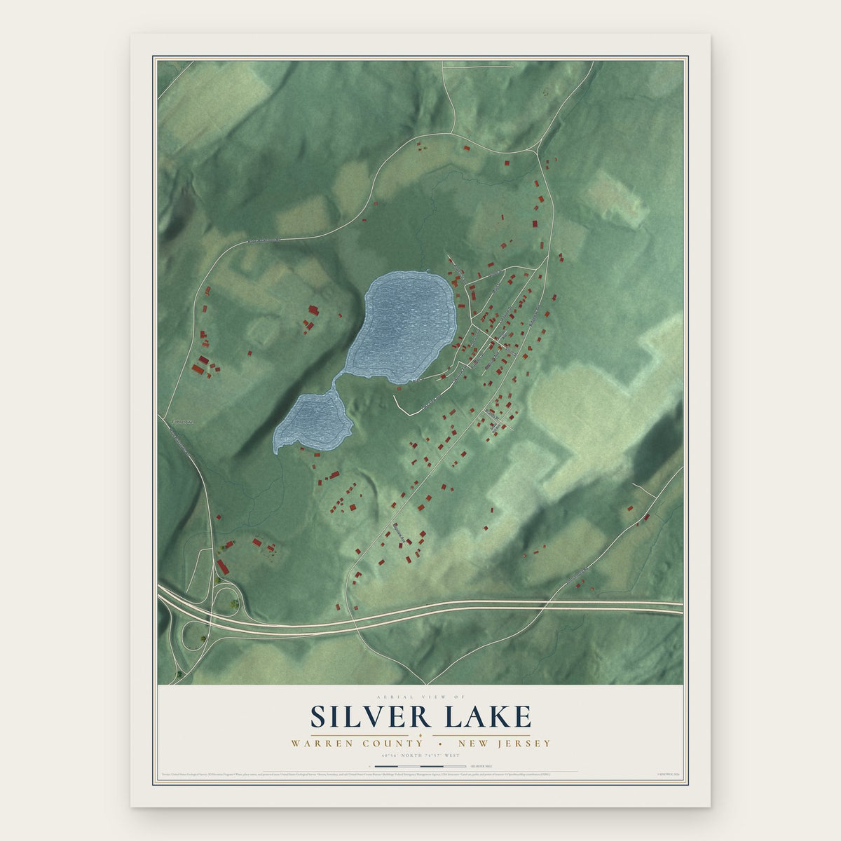 Silver Lake, Warren County, New Jersey map print, the full design