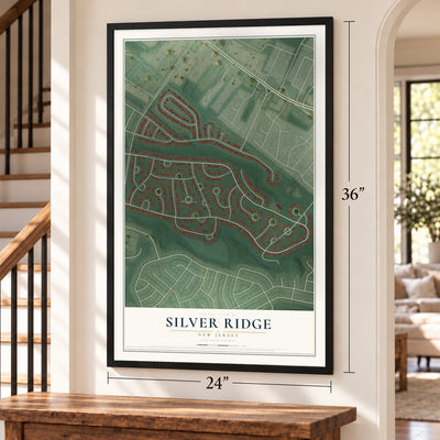 Silver Ridge, New Jersey map, 24 x 36 inch print in a black frame by a staircase