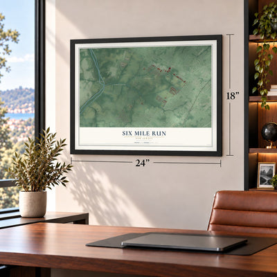 Six Mile Run, New Jersey map, 18 x 24 inch print in a black frame in a home office
