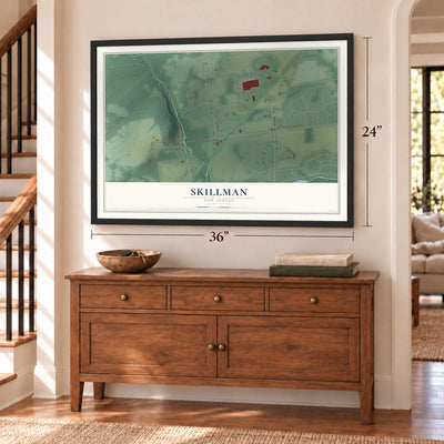 Skillman, New Jersey map, 24 x 36 inch print in a black frame above a dresser by a staircase