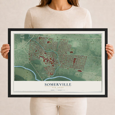Somerville, New Jersey map print, 12" x 18" W/ Black Ayous Wood Frame mockup