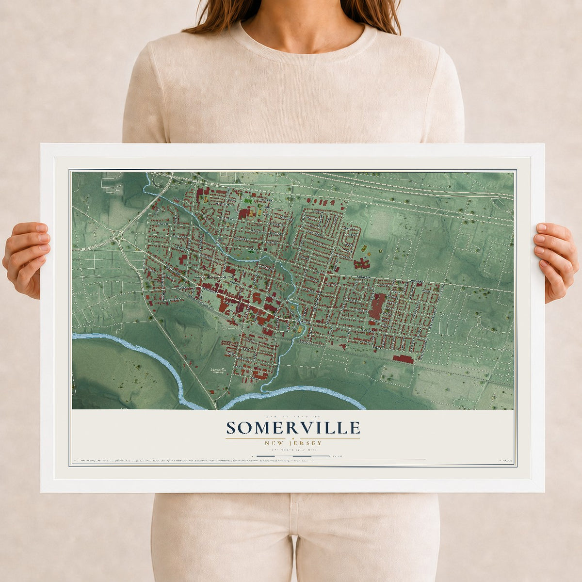 Somerville, New Jersey map print, 12" x 18" W/ White Ayous Wood Frame mockup