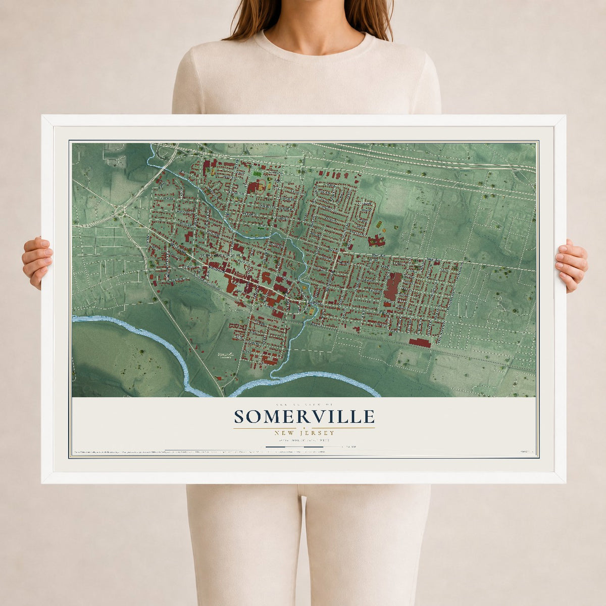Somerville, New Jersey map print, 24" x 36" W/ White Ayous Wood Frame mockup
