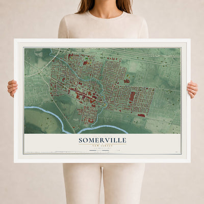 Somerville, New Jersey map print, 24" x 36" W/ White Ayous Wood Frame mockup
