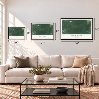 South Dennis, New Jersey map in 12 x 18, 18 x 24 and 24 x 36 inch sizes above a sofa