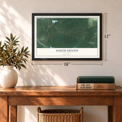South Dennis, New Jersey map, 12 x 18 inch print in a black frame in an entryway
