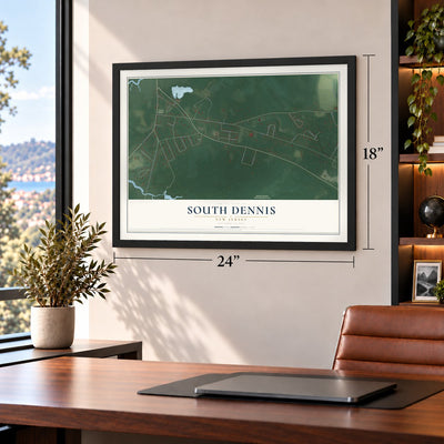 South Dennis, New Jersey map, 18 x 24 inch print in a black frame in a home office