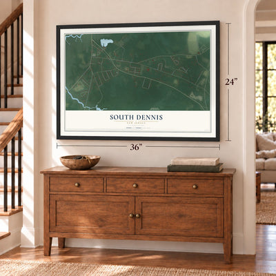 South Dennis, New Jersey map, 24 x 36 inch print in a black frame above a dresser by a staircase