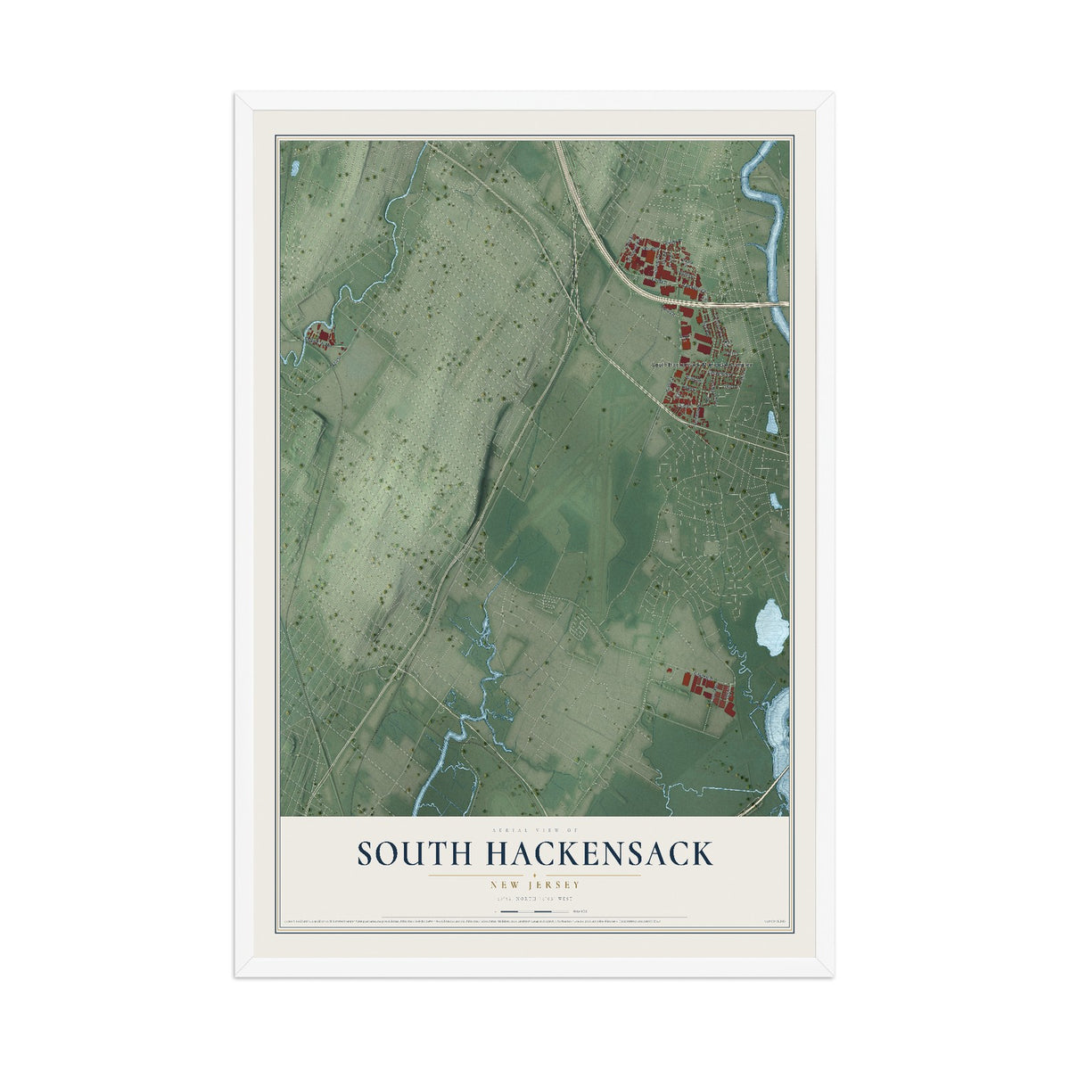 South Hackensack, New Jersey map print, 12" x 18" W/ White Ayous Wood Frame mockup