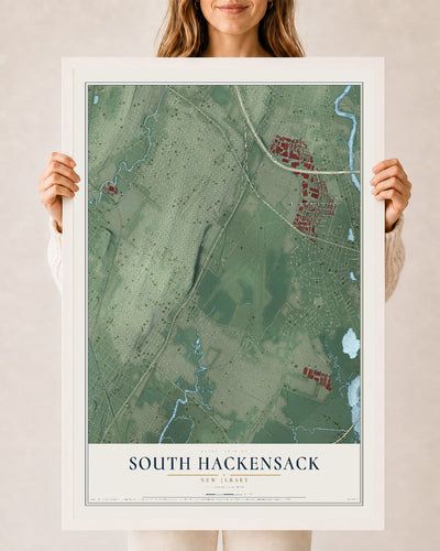 South Hackensack, New Jersey map print, 24" x 36" W/ White Ayous Wood Frame mockup