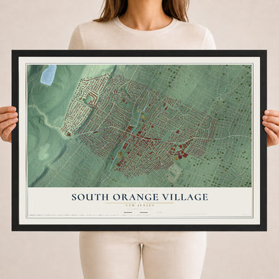 South Orange Village, New Jersey map print, 18" x 24" W/ Black Ayous Wood Frame mockup
