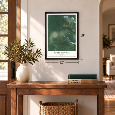 South Seaville, New Jersey map, 12 x 18 inch print in a black frame in an entryway