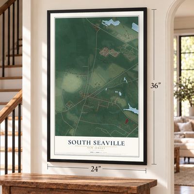 South Seaville, New Jersey map, 24 x 36 inch print in a black frame by a staircase