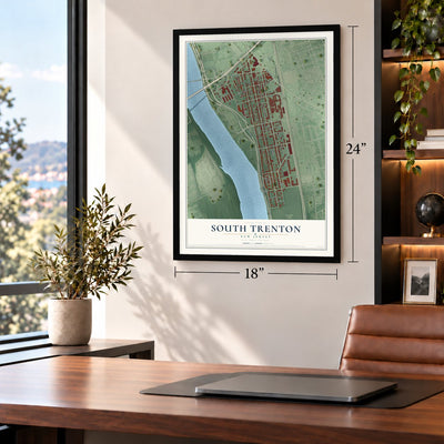 South Trenton, New Jersey map, 18 x 24 inch print in a black frame in a home office