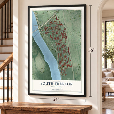 South Trenton, New Jersey map, 24 x 36 inch print in a black frame by a staircase