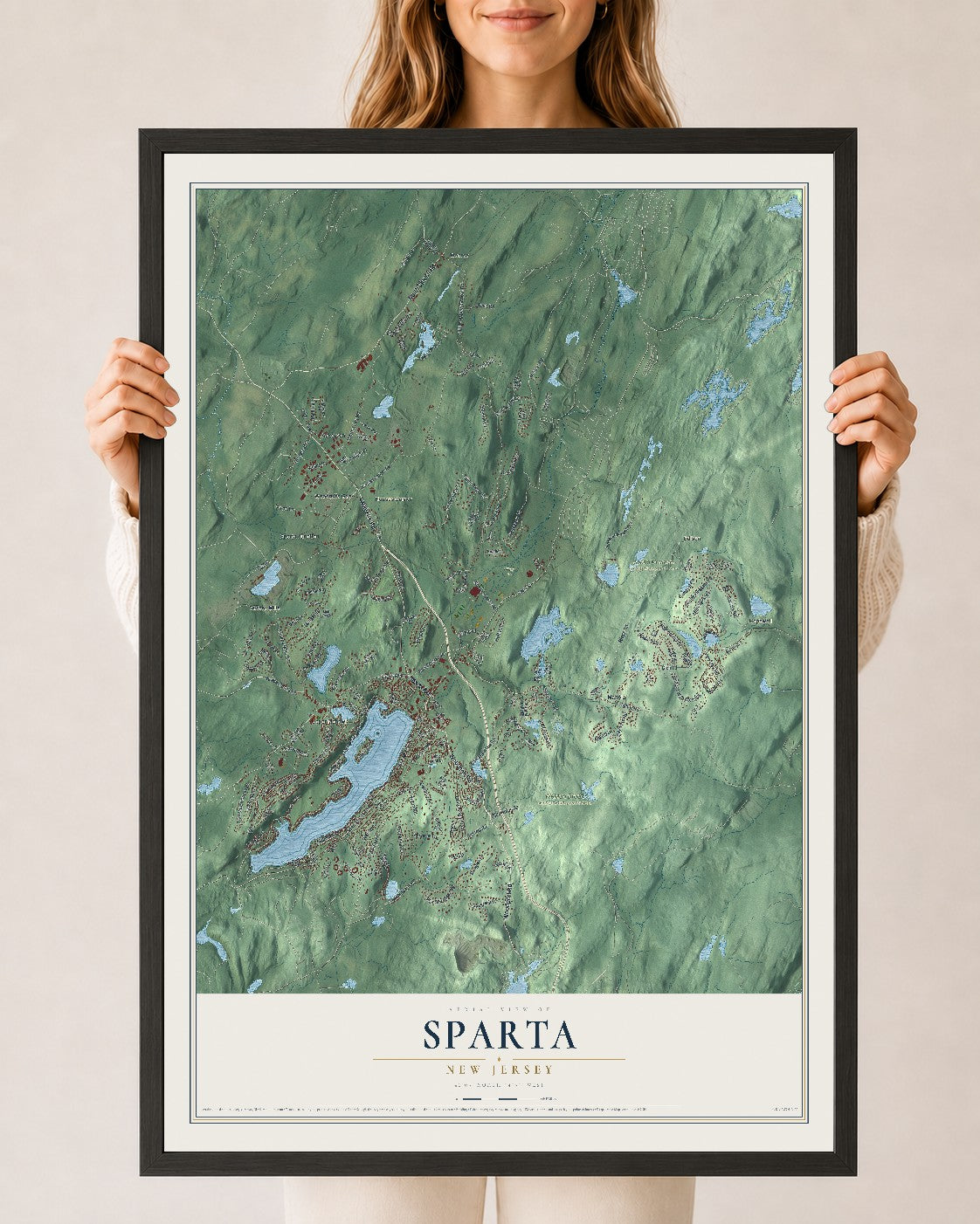 Sparta, New Jersey map print, 24" x 36" W/ Black Ayous Wood Frame mockup