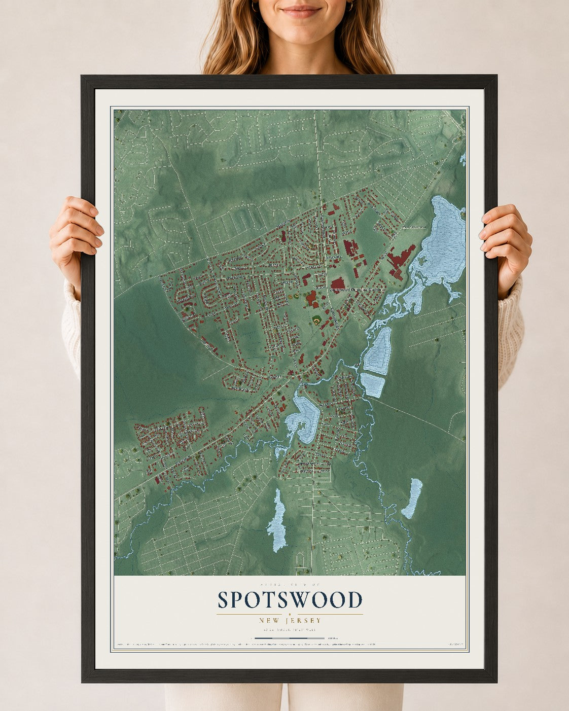 Spotswood, New Jersey map print, 24" x 36" W/ Black Ayous Wood Frame mockup
