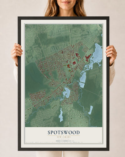 Spotswood, New Jersey map print, 24" x 36" W/ Black Ayous Wood Frame mockup