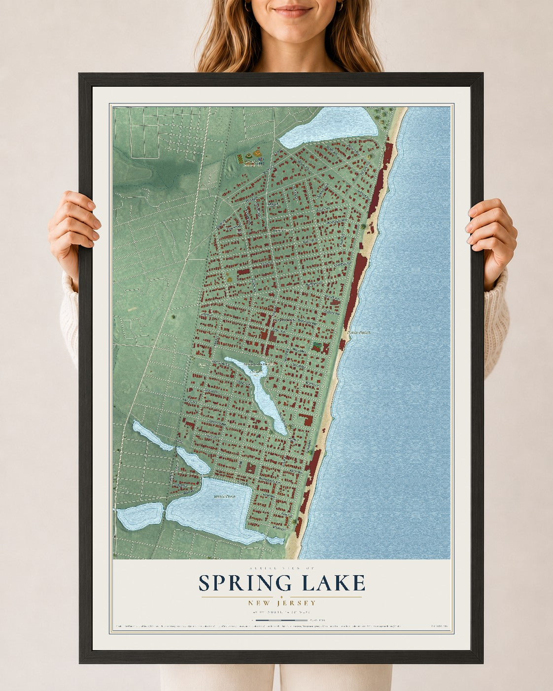 Spring Lake, New Jersey map print, 24" x 36" W/ Black Ayous Wood Frame mockup