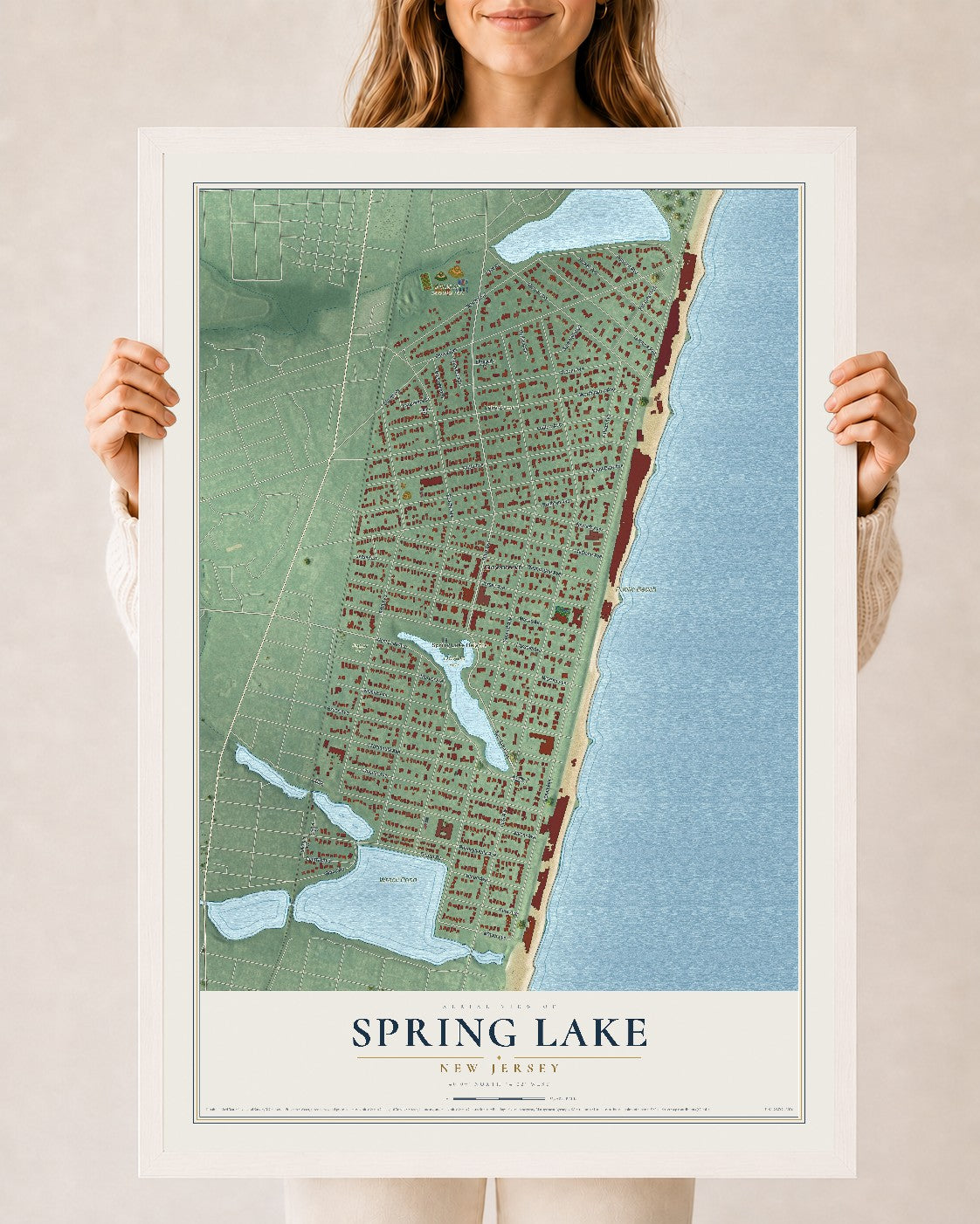 Spring Lake, New Jersey map print, 24" x 36" W/ White Ayous Wood Frame mockup