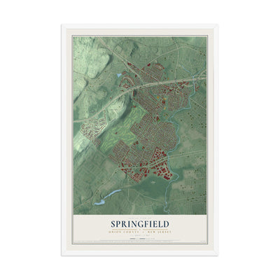 Springfield, New Jersey map print, 12" x 18" W/ White Ayous Wood Frame mockup