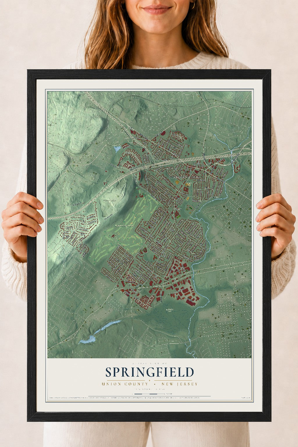 Springfield, New Jersey map print, 18" x 24" W/ Black Ayous Wood Frame mockup