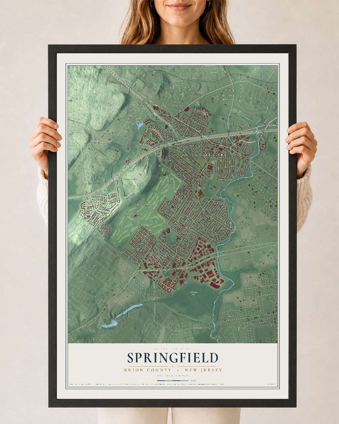 Springfield, New Jersey map print, 24" x 36" W/ Black Ayous Wood Frame mockup