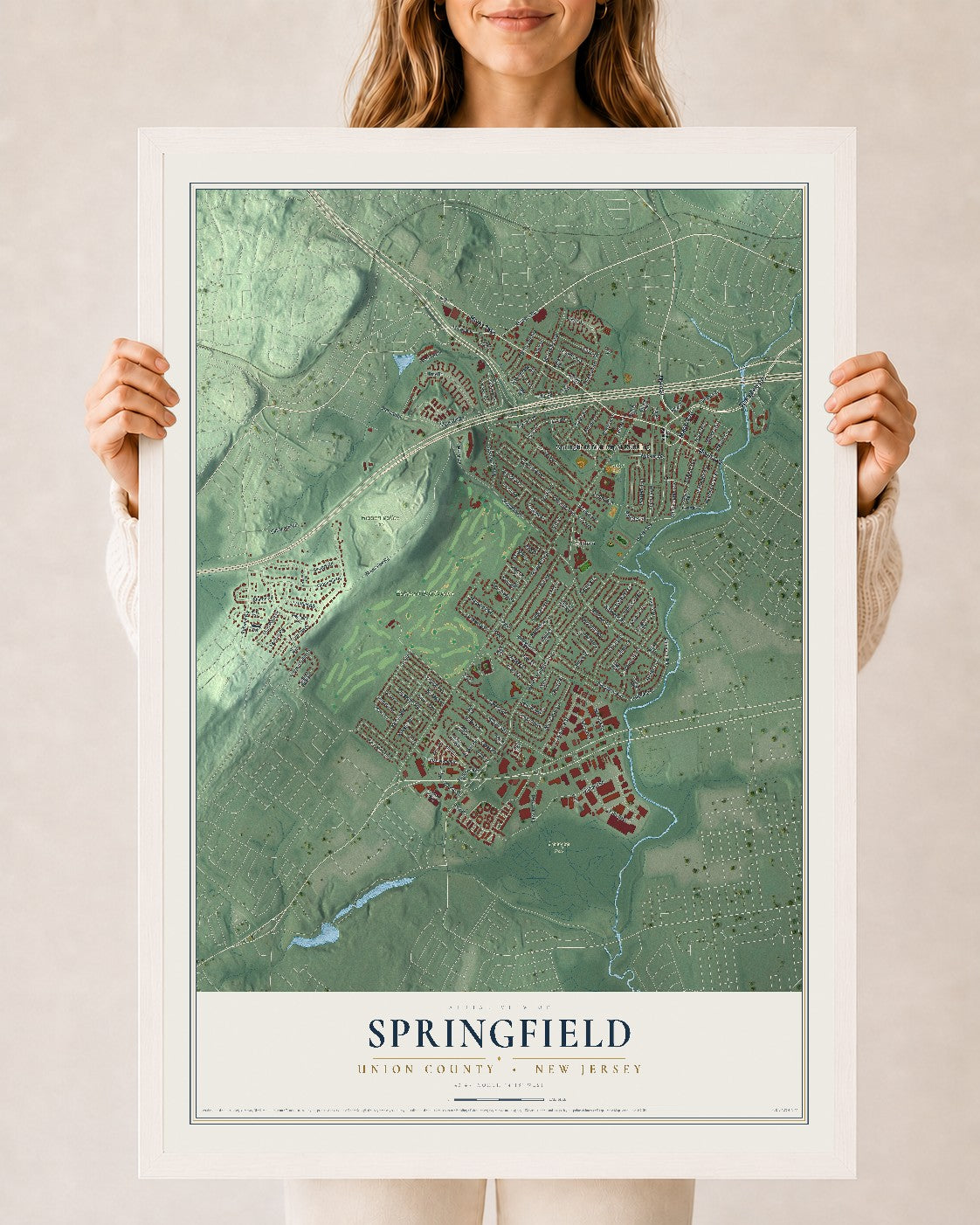 Springfield, New Jersey map print, 24" x 36" W/ White Ayous Wood Frame mockup