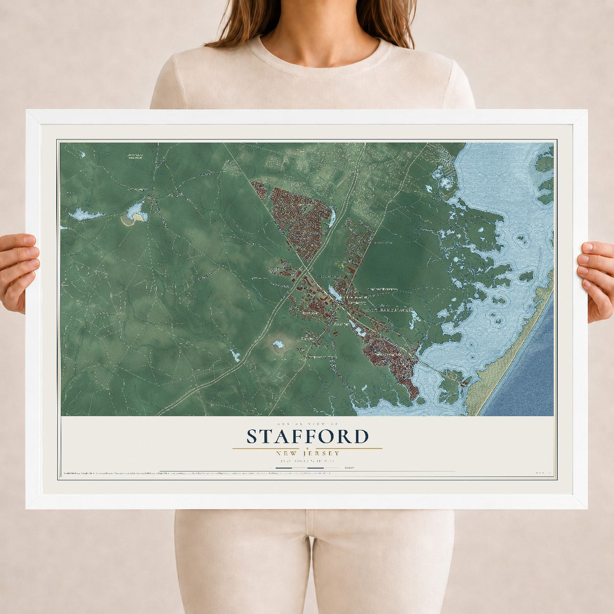Stafford, New Jersey map print, 18" x 24" W/ White Ayous Wood Frame mockup