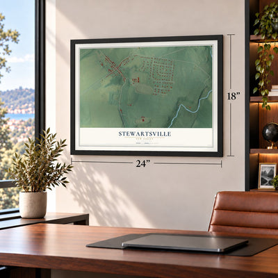 Stewartsville, New Jersey map, 18 x 24 inch print in a black frame in a home office