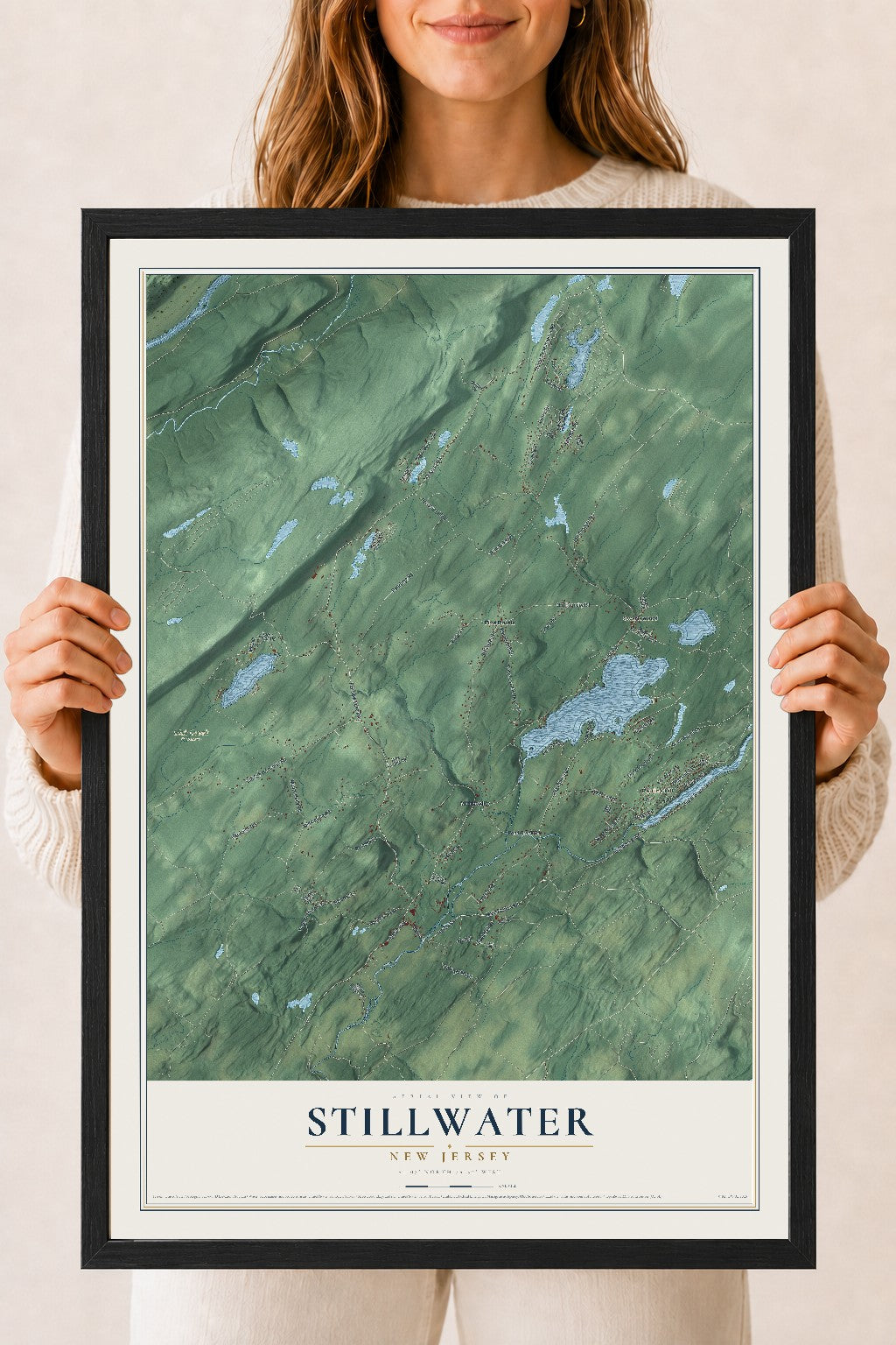 Stillwater, New Jersey map print, 18" x 24" W/ Black Ayous Wood Frame mockup